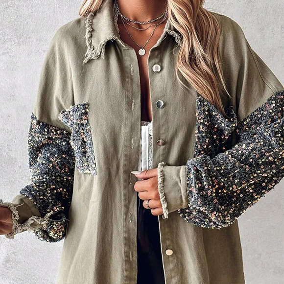 Khaki Party Women's Turn-Down Collar Contrast Sequin Raw Hem Button Down Shacket - Picture 5 of 5